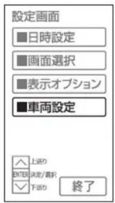 設定画面 ■日時設定 ■画面選択 ■表示オプション ■車両設定 ▲上送り ENTER決定/確認 ✓下送り 終了