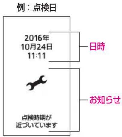 例:点検日 2016年 10月24日 11:11 日時 お知らせ 点検時期が 近づいています