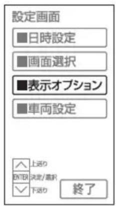 設定画面 ■日時設定 ■画面選択 ■表示オプション ■車両設定 ▲上送り ENTER 決定/着択 ✓下送り 終了