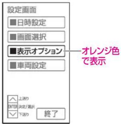 設定画面 ■日時設定 ■画面選択 ■表示オプション ■車両設定 オレンジ色で表示 上送り 下送り 決定/着り 下送り 終了