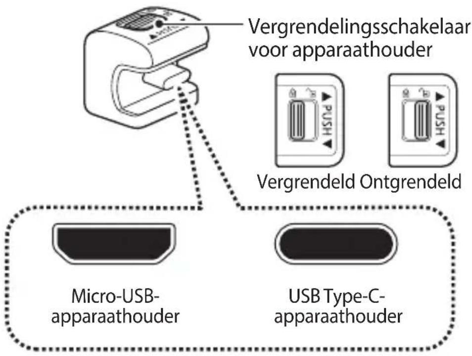 Vergrendelingsschakelaar voor apparaathouder Vergrendeld Ontgrendeld Micro-USB- apparaathouder USB Type-C- apparaathouder