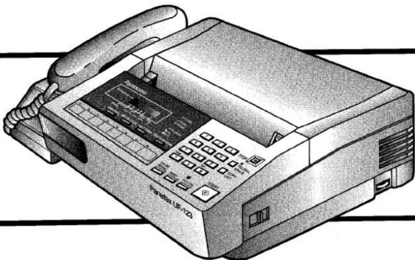 Illustratie van een Panasonic UF-120 fax met toetsenbord en voorpaneel (geen tekst of symbolen op het apparaat)