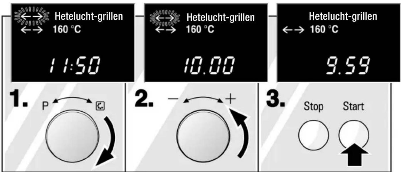 Hetelucht-grillen 160 °C 11:50 Hetelucht-grillen 160 °C 10.00 Hetelucht-grillen 160 °C 9.59 1. P 2. - + 3. Stop Start