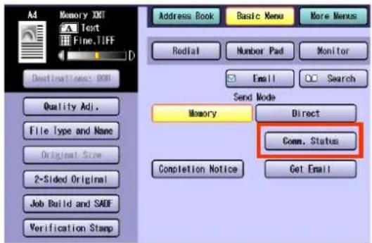 A4 Memory XNT Text Fine.TIFF Destination: 000 Quality Adj. File type and None Original Size 2-Sided Original Job Build and SADF Verification Stamp Address Book Basic Menu More Menus Redlat Numbor Pad Monitor Email Search Send Mode Memory Direct Comm. Status Completion Notice Get Email