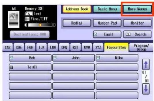 Memory XMI Text Fine.TIFF Address Book Basic Menu More Menus RedHat Number Pad Monitor Email Search HAB CDE FGH IJK LKN OPQ RST UVW XYZ Favourites Program/ Group Bob John Mike Tel01 01 / 01