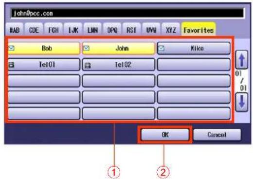 john@pcc.com BAB CDE FGH LJK LMN OPQ RST UVQ XYZ Favorites Bob John Mike Tel01 Tel02 OK Cancel ① ②