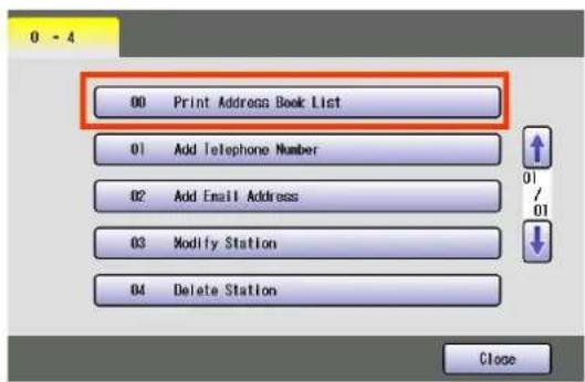 00 Print Address Book List 01 Add Telephone Number 02 Add Email Address 03 Modify Station 04 Delete Station Close