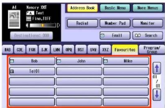Memory XXT Text Fine, TIFF Address Book Basic Menu More Menus Redial Number Pad Monitor Email Search BAB CDE FGH IJK LMN OPQ RST UVV XYZ Favourite too Program/Group Bob John Mike Tel01 01/01