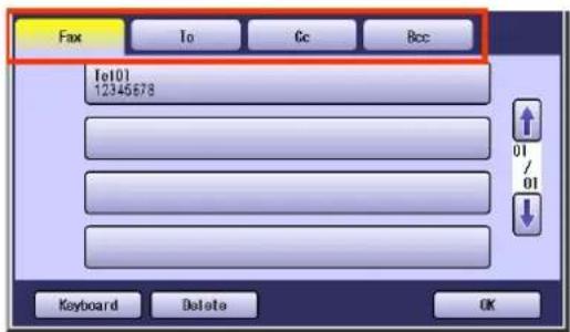 Fax To Cc Bcc Tel01 12345678 01 / 01 Keyboard Delete OK