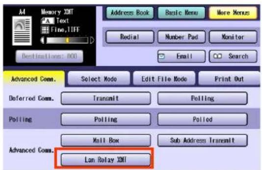 Memory XMT Text Fine, TIFF Destinations: 000 Address Book Basic Menu More Menus Redial Number Pad Monitor Email Search Advanced Comm. Select Mode Edit File Mode Print Out Deferred Comm. Transmit Polling Polling Polling Mail Box Sub Address Transmit Advanced Comm. Lan Relay XMT