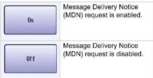 0n Message Delivery Notice (MDN) request is enabled. 0ff Message Delivery Notice (MDN) request is disabled.
