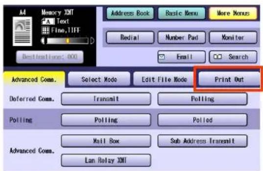 Memory XMT Text Fine, TIFF Address Book Basic Menu More Menus Redial Number Pad Monitor Email Search Bestinations: 000 Advanced Comm. Select Mode Edit File Mode Print Out Deferred Comm. Transmit Polling Polling Polling Advanced Comm. Mail Box Sub Address Transmit Lan Relay XMT