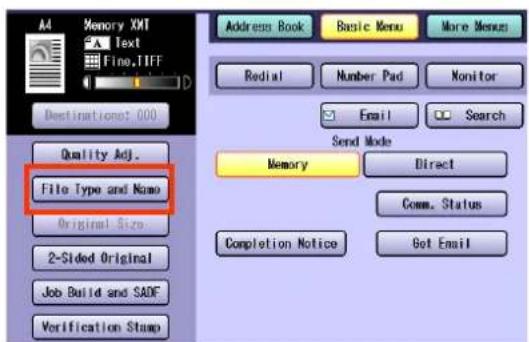 A4 Memory XMT Text Fine, TIFF Destination: 000 Quality Adj. File Type and Name Original Size 2-Sided Original Job Build and SADF Verification Stamp Address Book Basic Menu More Menus Redial Number Pad Monitor Email Search Send Mode Memory Direct Comm. Status Completion Notice Got Email