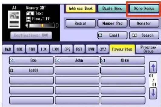 A4 Memory XMT Text Fine, TIFF Destination: 000 Address Book Basic Menu More Menus Redial Number Pad Monitor Email Search BAB COE FOH IJK LNN OPQ RST UVW XYZ Favourites Program/Group Bob John Mike Tel01 01 01 01