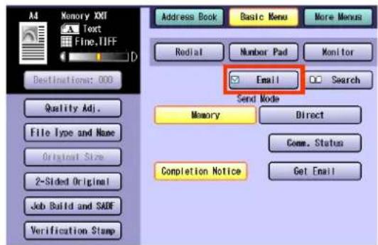 A4 Memory XXT Text Fine.TIFF Destinations: 000 Quality Adj. File Type and Name Original Size 2-Sided Original Job Build and SADF Verification Stamp Address Book Basic Menu More Menus Redlat Number Pad Monitor Email Search Send Mode Memory Direct Comm. Status Get Email Completion Notice