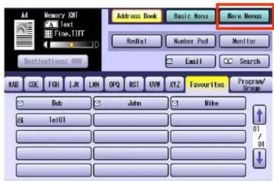 Memory XMI Text Fine.TIFF Address Book Basic Menu More Menus RedHat Number Pad Monitor Easil Search Destination: 000 HAB CDE FCH IJK LKN OPQ RST UVW XYZ Favourites Program/Group Bob John Mike Tel01 01 / 01 ↓