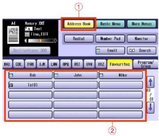 A4 Memory XXT Text Fine,TIFF Destination: 000 Address Book Basic Menu More Menus Redial Number Pad Monitor Email Search RAD CDE FGN IJK LAN OPQ RST UVW XYZ Favourites Program/ Group Bob John Mike Tel(D) 2 01 01 01