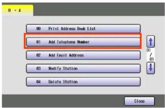 0 - 4 00 Print Address Book List 01 Add Telephone Number 02 Add Email Address 03 Modify Station 04 Delete Station Close