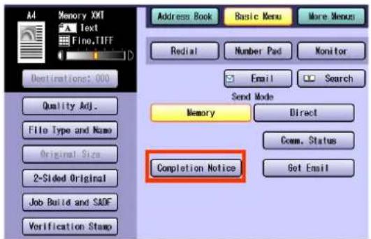 Memory XMT Text Fine.TIFF Destination: 000 Quality Adj. File Type and Name Original Size 2-Sided Original Job Build and SADF Verification Stamp Address Book Basic Menu More Menu Redial Number Pad Monitor Email Search Send Mode Memory Direct Comm. Status Get Email Completion Notice