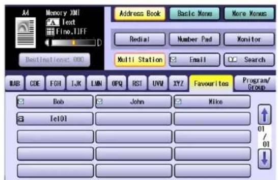 Ad Memory: XMI Text Fine, TIFF Destinations: 000 Address Book Basic Menu More Menu Redial Number Pad Monitor Multi Station Email Search BAB CODE FGH IJK LMN OPQ RST UVU XYZ Favourites Program/ Group Bob John Mike Tel01 01/ 01