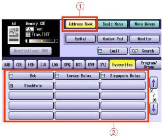 Address Book Basic Menu More Menus Redial Number Pad Monitor Email Search HAB CDE FGH IJK LKN OPQ RST UVW XYZ Favourites Program/ Group Bob London Relay Singapore Relay Stockholm 01 01 ① ②