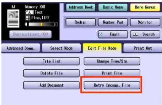 Memory XNT Text Fine, TIFF Address Book Basic Menu More Menus Radial Number Pad Monitor Email Search Advanced Comm. Select Mode Edit File Mode Print Out File List Change Time/Strn Delete File Print File Add Document Retry Incomp. File