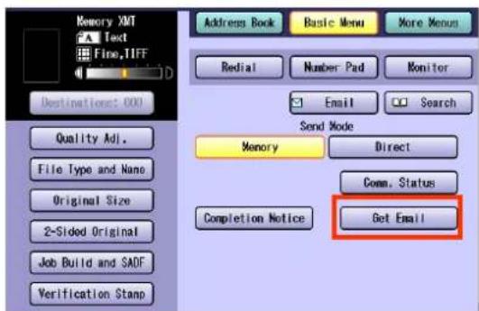 Memory XMT Text Fine, TIFF Destination: 000 Quality Adj. File Type and Nano Original Size 2-Sided Original Job Build and SADF Verification Stamp Address Book Basic Menu More Menus Redial Number Pad Monitor Email Search Send Mode Memory Direct Comm. Status Completion Notice Get Email