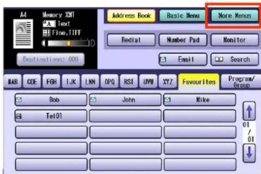 Memory XMT Text Flow, TIFF Address Book Basic Menu More Menus Redtail Number Pad Monitor Email Search NAB CDE FGH IJK LNN OPQ RST UVW XYZ Favourites Program/Group Bob John Mike Tel01 01/01