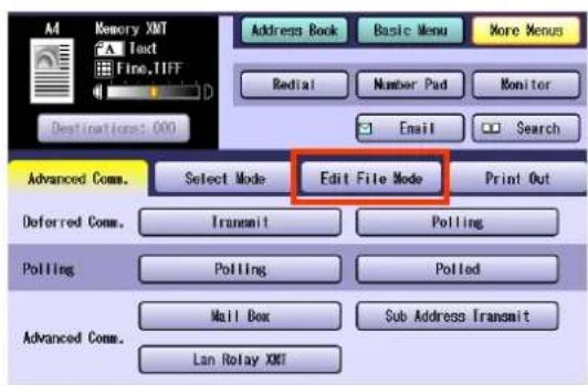M Memory XMT Text Fine, TIFF Destination: 000 Address Book Basic Menu More Menus Redial Number Pad Monitor Email Search Advanced Comm. Select Mode Edit File Mode Print Out Deferred Comm. Transmit Polling Polling Pollled Advanced Comm. Mail Box Sub Address Transmit Lan Relay XMT