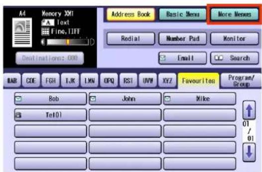 Memory XXI Text Fine, IIFF Destination: 000 Address Book Basic Menu More Menu Redial Number Pad Monitor Email Search BAR CODE FGH IJK LKN OPQ RST UVW XYZ Favourite Program/Group Bob John Mike Tel01 01/01
