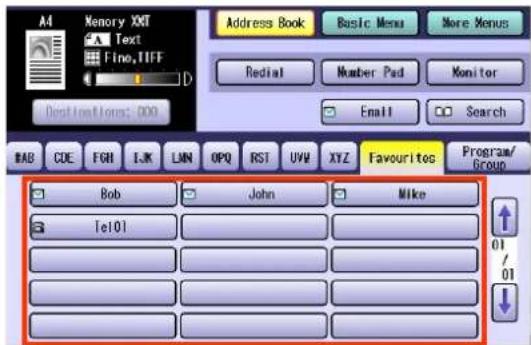 A4 Memory XXT Text Fine, TIFF Address Book Basic Menu More Menus Redial Number Pad Monitor Email Search BAB CDE FGB IJK LUN OPQ RST UVV XYZ Favouriteo Program/Group Bob John Mike Tel01 01 01