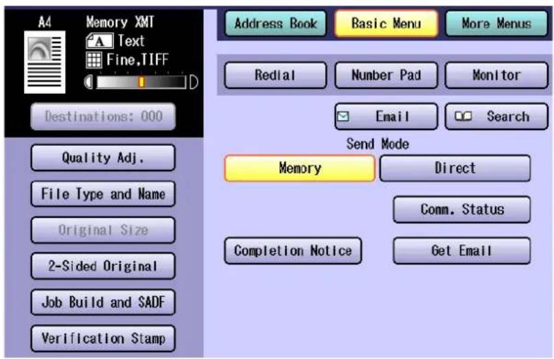A4 Memory XMT Text Fine.TIFF Destinations: 000 Quality Adj. File Type and Name Original Size 2-Sided Original Job Build and SADF Verification Stamp Address Book Basic Menu More Menus Redial Number Pad Monitor Email Search Send Mode Memory Direct Comm. Status Completion Notice Get Email