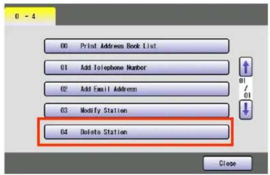 0 - 4 00 Print Address Book List 01 Add Telephone Number 02 Add Email Address 03 Modify Station 04 Delete Station Close