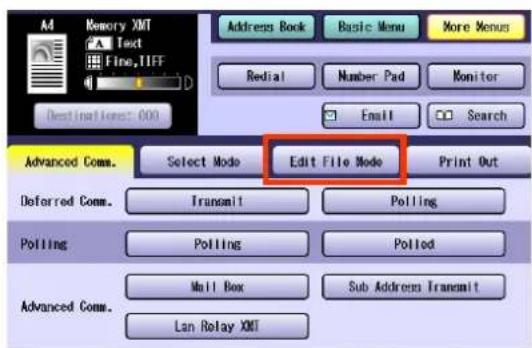 Memory XMT Text Fine, TIFF Address Book Basic Menu More Menus Redial Number Pad Monitor Email Search Destination: 000 Advanced Comm. Select Mode Edit File Mode Print Out Deferred Comm. Transmit Polling Polling Pollod Multi Box Sub Address Transmit Advanced Comm. Lan Relay XMT