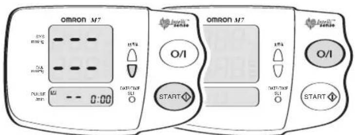omron M7 SYS mmHg DIA mmHg PULSE min 0:00 M14 DATE/TIME SLI START omron M7 O/I M14 DATE/TIME SLI START