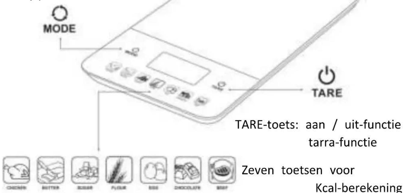 MODE TARE TARE-toets: aan / uit-functie tarra-functie Zeven toetsen voor Kcal-berekening