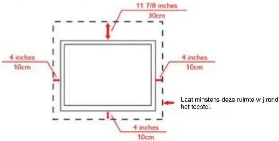11 7/8 inches 30cm 4 inches 10cm 4 inches 10cm 4 inches 10cm Laat minstens deze ruimte vrij rond het toestel.