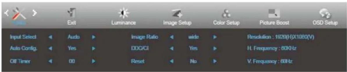 Input Select Audio Image Ratio wide Resolution : 1920(H)X1080(V) Auto Config. Yes DDG/CI Yes H. Frequency : 60KHz Off Timer 00 Reset No V. Frequency : 60Hz