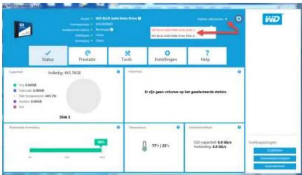 WD Volldegir 415.76GB Disk 1 Er zijn geen volumes op het gezeichnetwende stenzen. 77% / 25% SDD-capaciert: 6.0 Gb/s Verbinding: 6.0 Gb/s