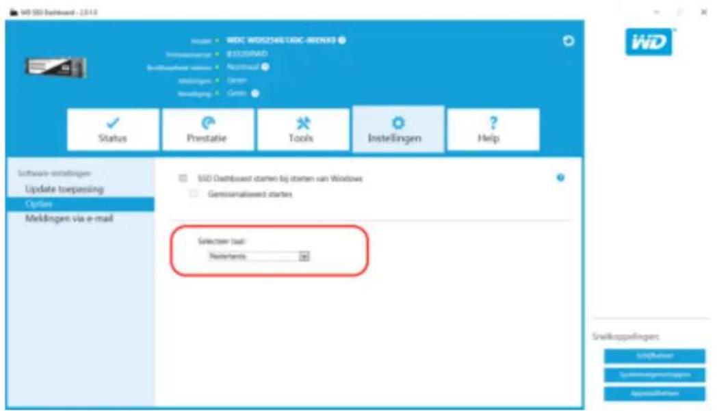 WD SDD Backboard - 23418 WED: WDSC WEDZARE/CDIC-WEDZARE Energetementer: BUDZARE Budzare/Erwer starten: Rechniziert Meldingen: Caten Meldingen: Caten Status Prestatie Tools Instellingen Help Software-Startlingen Update toepassing Options Meldingen via e-mail SDD Dashboard starten bij starten van Windows Gensinnalswerk starten Selecteer taal: Meldingen 140 Sninkoppelinger UdHfRnser Schwabengrechnungen AppostafReisen