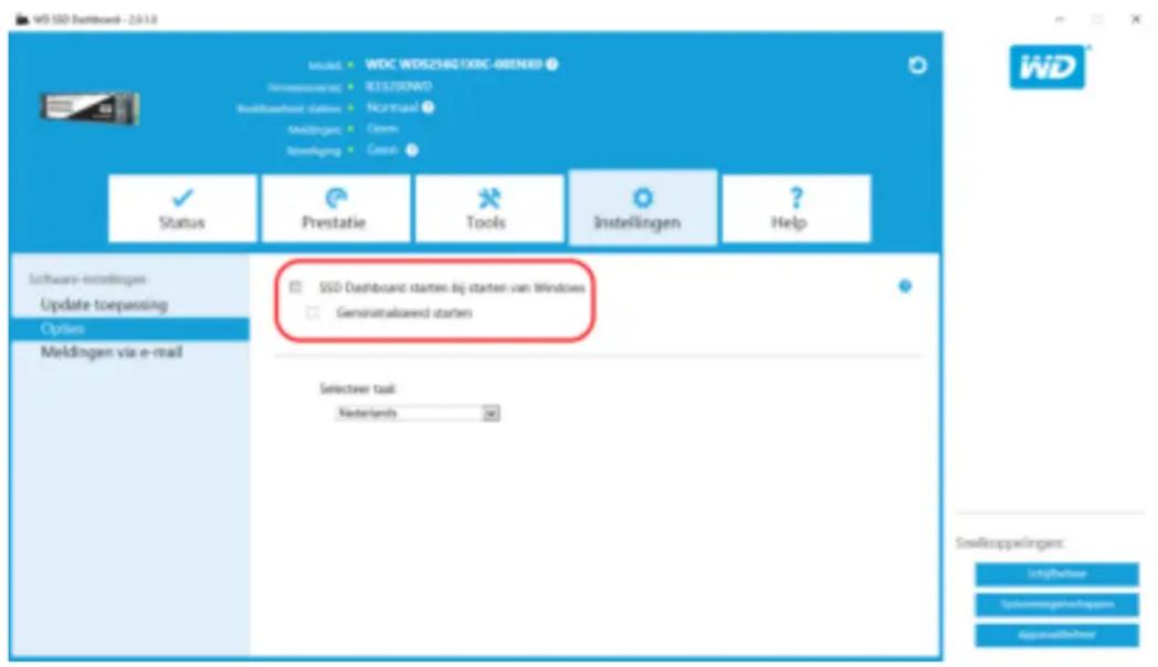 WD SSD Dashboard - 2.0.1.0 MODEL: WDC WEIZSING/EXDC-WRENEER Reinstelling: RESELLING Reinstelling options: Reinstalls Meldingen: Clern Steering: Ceiss Status Prestatie Tools Instellingen Help Software-estellingen Update toepassing Options Meldingen via e-mail SSD Dashboard starten bij starten van windows Gensinnelwaard starten Selecteer taal: Nederlands 242 Smeltoppelingen: LingDeBoer Systemversteingen Appraisal/Behner