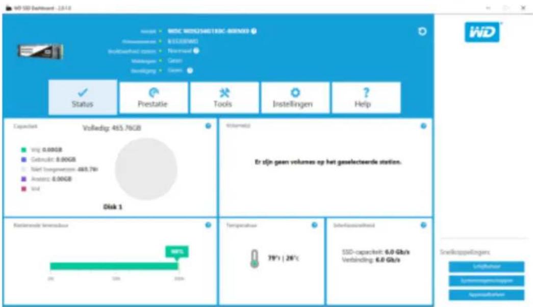 WD SSD Deliverant - 2.8.1.0 WDC WD52346183C-00NED Status Prestatie Tools Instellingen Help Capacitort Volledig: 465.76GB Vrig: 0.00GB Gebruik: 8.00GB Niet Dengewertsen: 485.79t Anstenz: 8.00GB Vid Disk 1 Rastemende Immensdamer WTL 39" x 26"z Temperature Interlussverhalt SSD-capaciteit: 6.0 Gb/s Verbinding: 6.0 Gb/s Snelkoppelingen: Lingkohrer Einkommingskoppen Approachkover