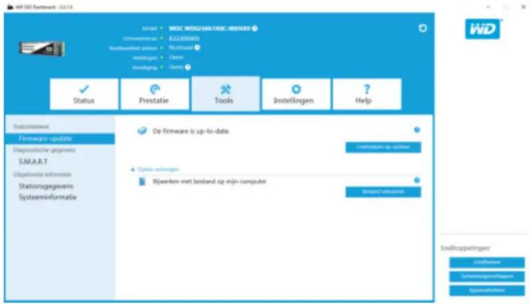 WiD SSD Software - 2.0.1.6 Model: WDC WELZISAG-TECK-MENERS WEDNESVERAI: B.E.D208WD Bestkurschend stafene: Nominal Bestinggen: Cane Bestigung: Cane Status Prestatie Tools Instellingen Help De firmware is up-to-date. Commutant op optiven Optics verlangen Sijwerken met bestand op mijn computer Bestand optivena Snelkoppelingen: Süfjorthew Sjehmenggien/Regen Eigsselkline