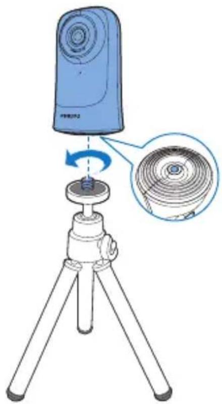 Diagram of a blue handheld device mounted on a tripod with a magnified inset showing its internal structure (no text or symbols)