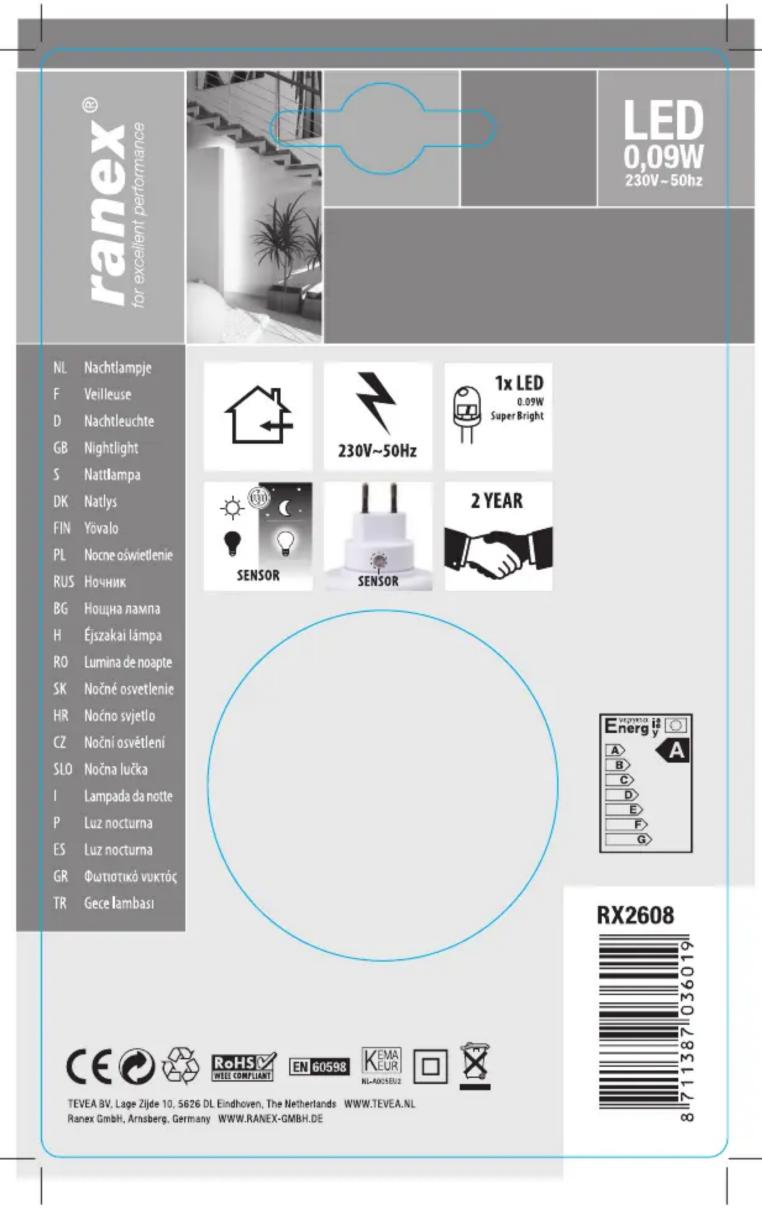 ranex® for excellent performance LED 0,09W 230V~50hz NL Nachtlampje F Veilleuse D Nachtleuchte GB Nightlight S Natllampa DK Natlys FIN Yövalo PL Nočne oświetlenie RUS Hochnik BG Hoúna lampa H Éjszakai lampa RO Lumina de noapte SK Nočné osvetlenie HR Nočno svjetlo CZ Noční osvětleni SLO Nočna lučka I…