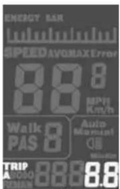 ENERGY BSR SPEEDAYOMAX Error 88.8 MPH Km/h Walk PAS 8 Auto Manual TRIP AVOCO TRIP 88.6 8.8