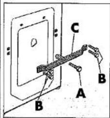Diagram of a device with labeled components A, B, and C, showing hand positioning and assembly.