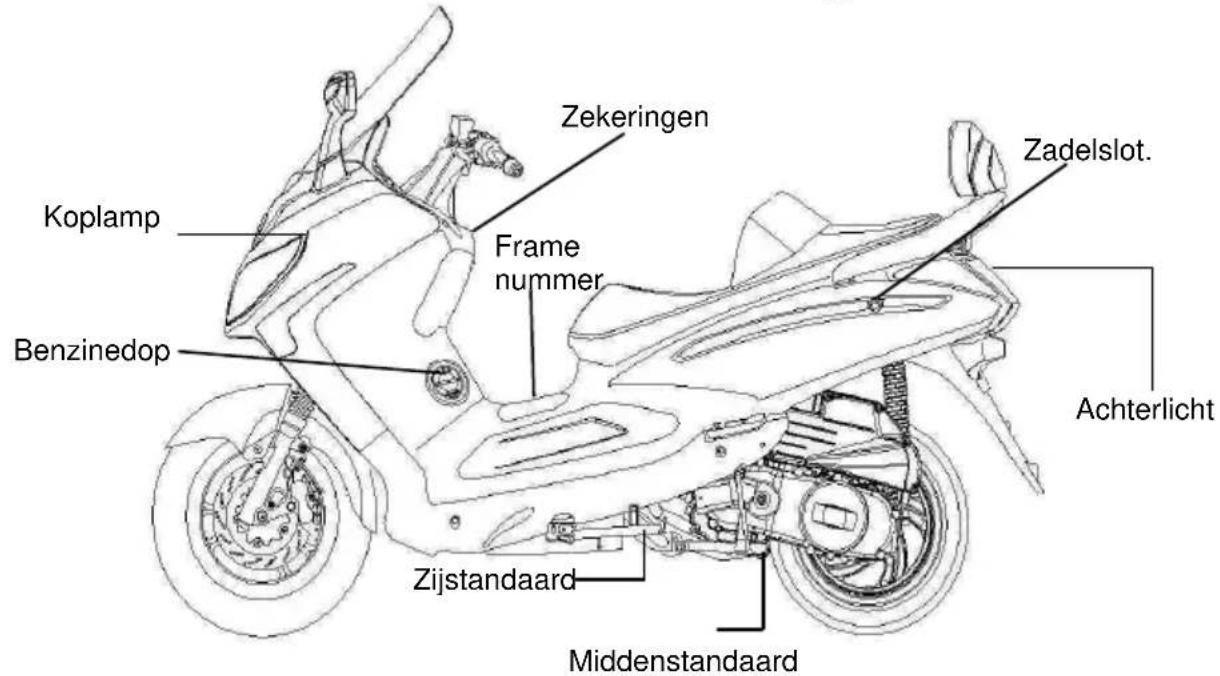 Koplamp Benzinedop Zekeringen Frame nummer Zijstandaard Middenstandaard Zadelslot. Achterlicht