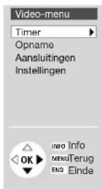 Video-menu Timer Opname Aansluitingen Instellingen INFO Info MENU Terug END Einde
