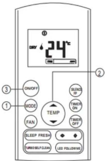 OKY 24°C ON/OFF MODE FAN TEMP SILENCE FP TIMER ON TIMER OFF SLEEP FRESH TURBO SELF CLEAN LED FOLLOWING